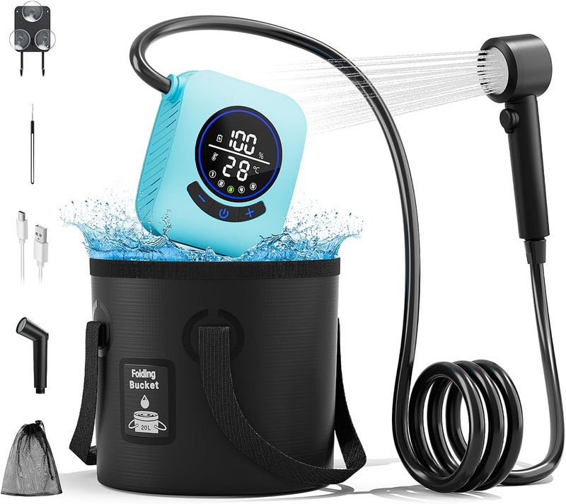 MORIKO 8000mAh Portable Camping Shower, Upgrade Rechargeable Electric Shower Pump with 5 Gallon Bucket, Intelligent LED Display,Portable Shower for Outdoor - Image 1